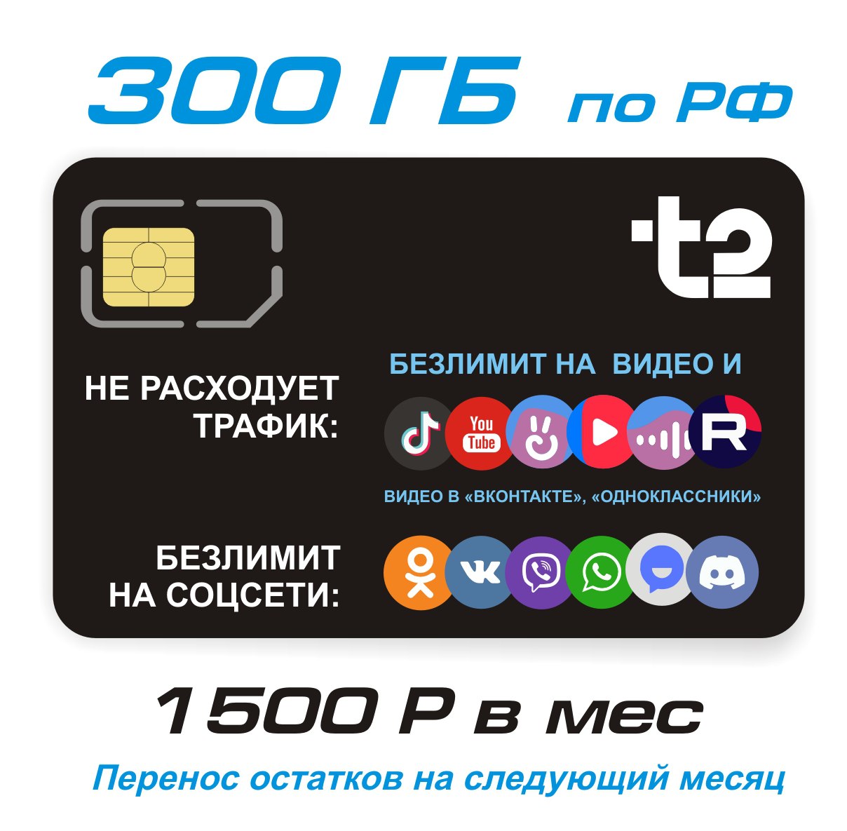 Детальное изображение товара "t2 1500 руб/месяц за 300 Гб + безлимит на видеосервисы и соц.сети (БК)" из каталога оборудования Антенна76