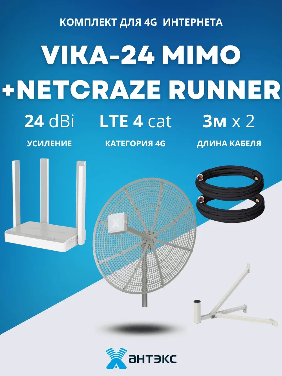 Комплект с антенной Антэкс VIKA-24 MIMO и роутером Netcraze Runner для 4G Интернета