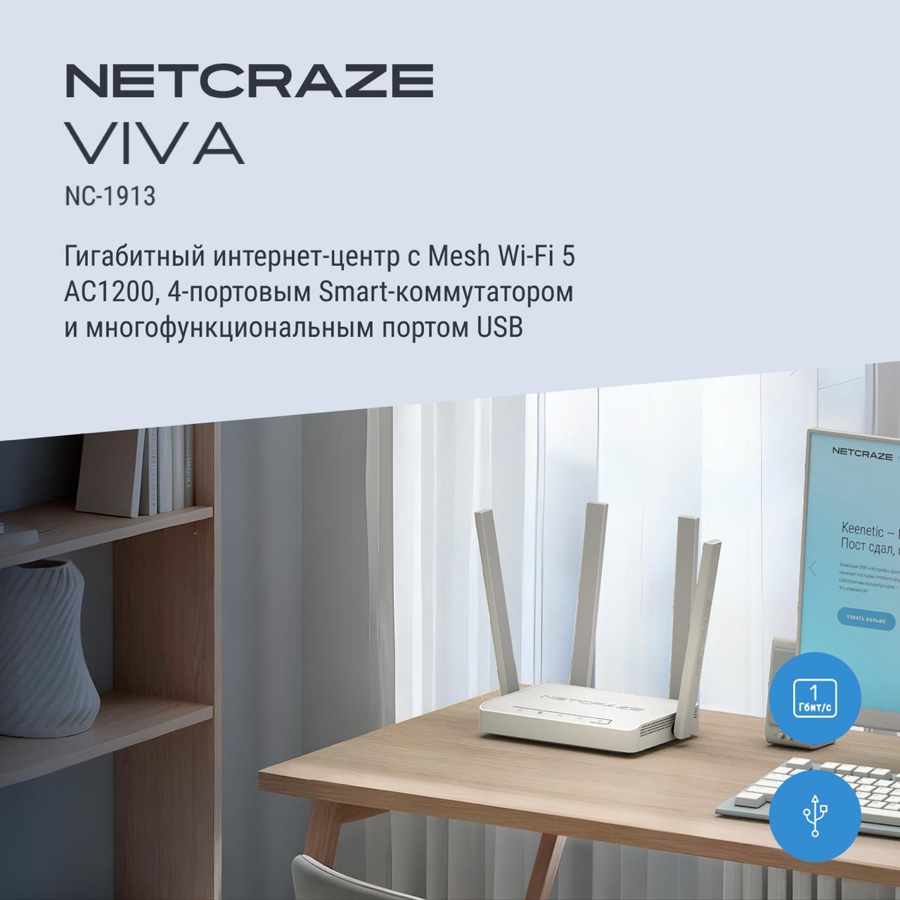 Детальное изображение товара "WI-FI роутер Netcraze Viva (NC-1913)" из каталога оборудования Антенна76