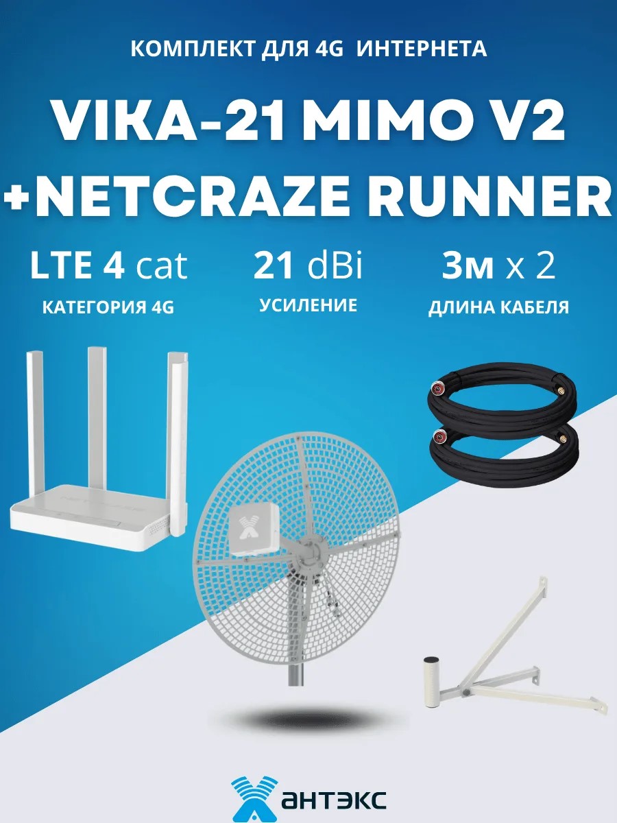 Комплект с антенной Антэкс Vika-21 MIMO V2 и роутером Netcraze Runner для 4G Интернета