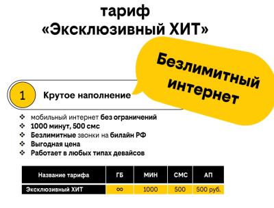 Билайн Эксклюзивный Хит 500 руб./месяц, безлимит на интернет, 1000 минут, 500 смс
