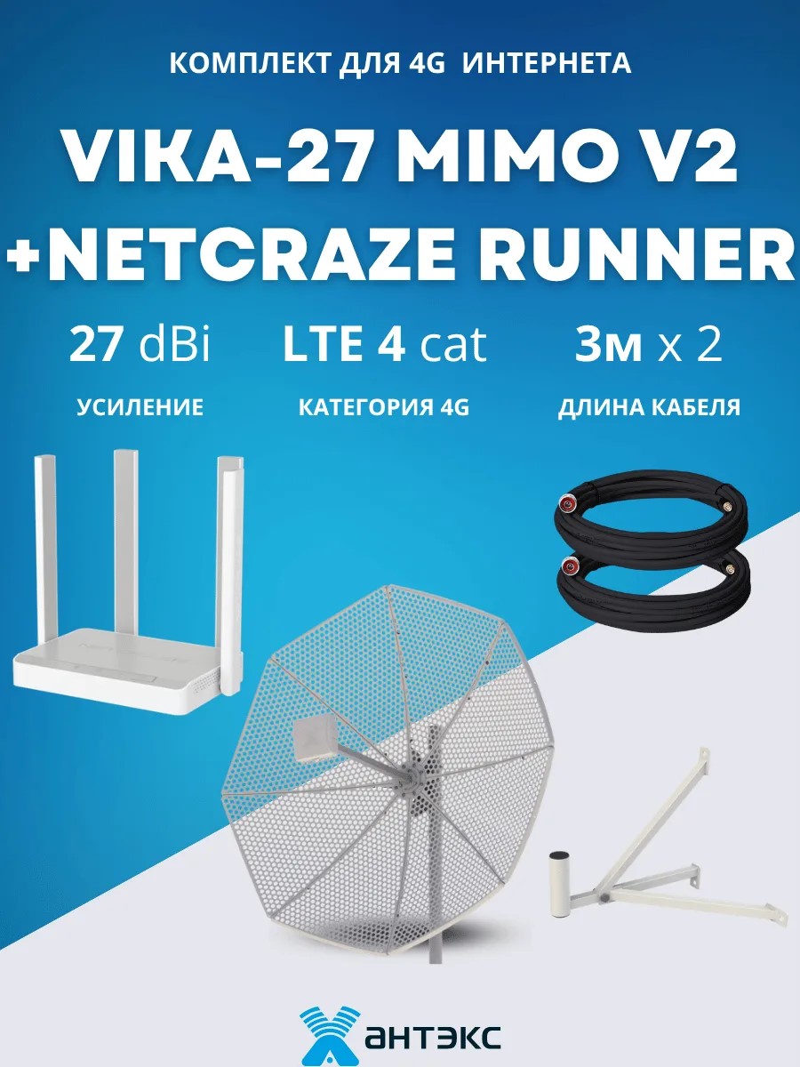 Комплект антенной Антэкс VIKA-27 MIMO V2 и роутером Netcraze Runner для 4G Интернета