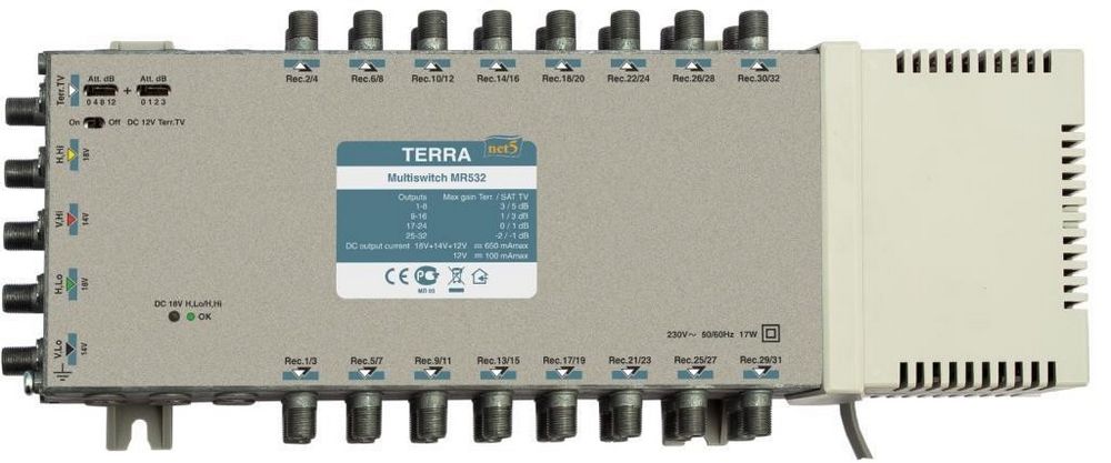 Детальное изображение товара "Мультисвитч радиальный Terra MR532 (5 выходов, 32 выхода)" из каталога оборудования Антенна76