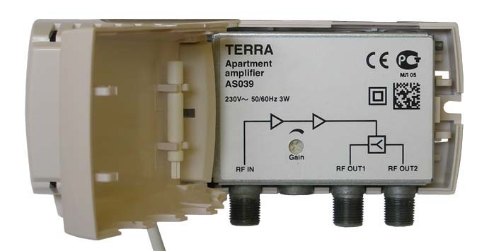 Детальное изображение товара "Усилитель антенный Terra AS039 (1 вход, 2 выхода, 220В, 20 дБ)" из каталога оборудования Антенна76